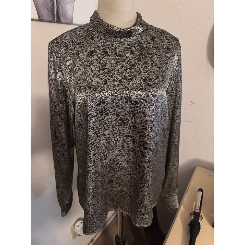 Liz Baker Silver Black Snakeskin Satin Mock Neck Blouse Long Sleeve Vintage 12